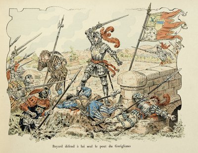 Illustrasjon hentet fra boken "Histoire du chevalier Bayard" av Theodore Cahu, illustrert av Paul De Semant (1855-1915): Bayard forsvarer bare broen til Garigliano 1504 av Paul de Semant