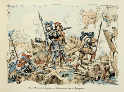 Illustrasjon hentet fra boken "Histoire du chevalier Bayard" av Theodore Cahu, illustrert av Paul De Semant (1855-1915): Bayard sårer en Brescia støttet av et lansquenet 1512 av Paul de Semant
