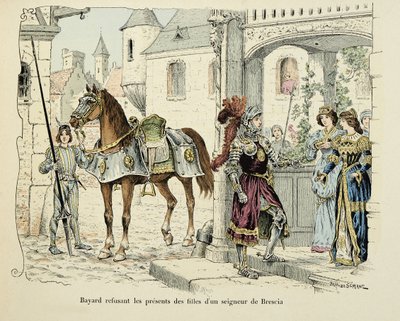 Illustrasjon hentet fra boken "Histoire du chevalier Bayard" av Theodore Cahu, illustrert av Paul De Semant (1855-1915): Bayard nektet gavene til døtrene til en herre av Brescia 1512 av Paul de Semant