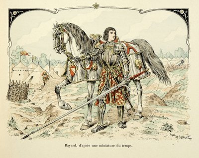 Illustrasjon hentet fra boken «Histoire du chevalier Bayard» av Theodore Cahu, illustrert av Paul De Semant (1855-1915): Portrett av Bayard etter en miniatyr av perioden av Paul de Semant
