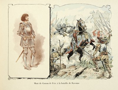Illustrasjon hentet fra boken "Histoire du chevalier Bayard" av Theodore Cahu, illustrert av Paul De Semant (1855-1915): Death of Gaston de Foix (1489-1512) i slaget ved Ravenna av Paul de Semant