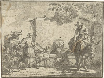 Woman and a Man on a Donkey by a Water Spring Pastoral Landscapes (serietittel) av Paul van Somer (II)