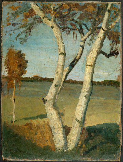 To-stammet bjørk foran landskapet av Paula Modersohn-Becker