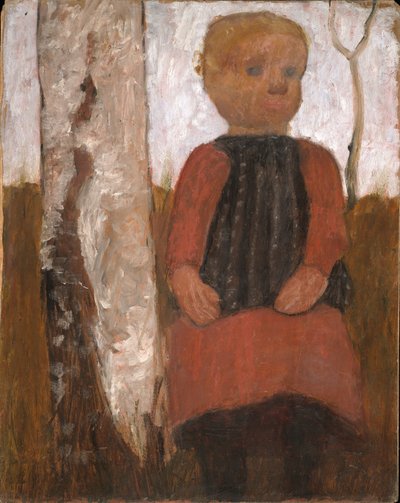 Barn i rød kjole på bjørkestammen av Paula Modersohn-Becker