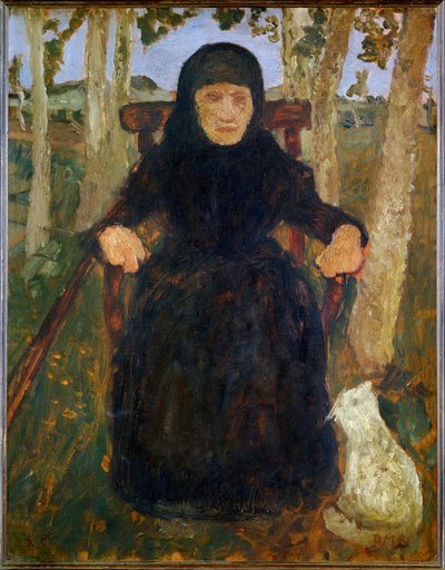 Gammel kvinne, sittende, med katt (maleri på lerret) av Paula Modersohn-Becker