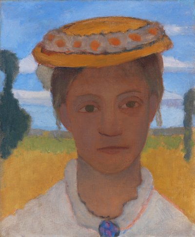 Kunstnerens søster Herma med en krans av tusenfryd på hatten, ca 1901. av Paula Modersohn Becker