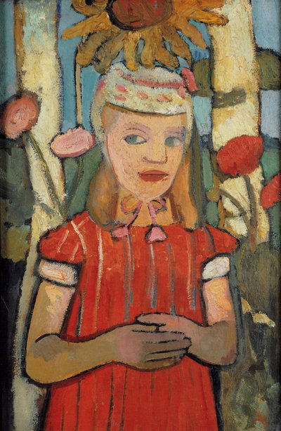 Jente i rød kjole foran solsikke, 1907. av Paula Modersohn Becker