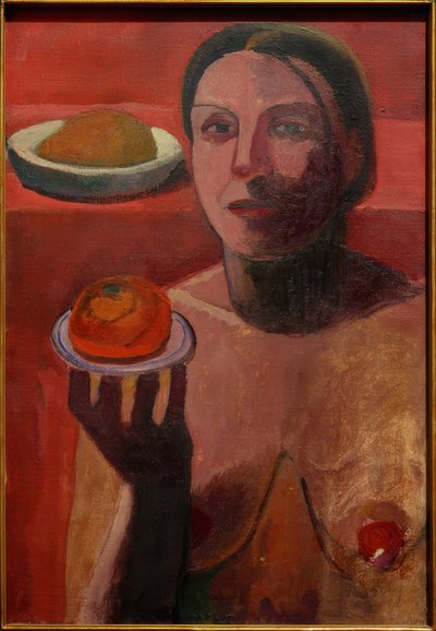 Halvnaken av en italiensk kvinne med en tallerken i løftet hånd av Paula Modersohn Becker