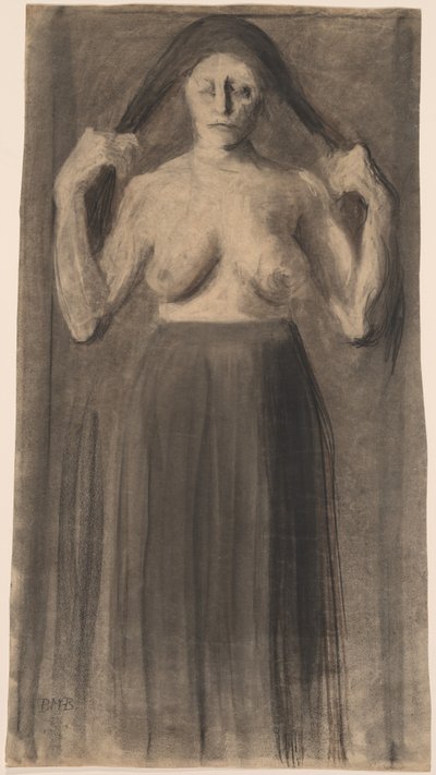 Halvnaken kvinne holder håret fra hverandre av Paula Modersohn Becker