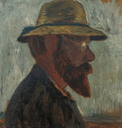 Otto Modersohn med stråhatt i profil til høyre. Rundt 1905 av Paula Modersohn Becker