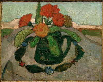 Stilleben med ringblomster foran et landskap av Paula Modersohn Becker
