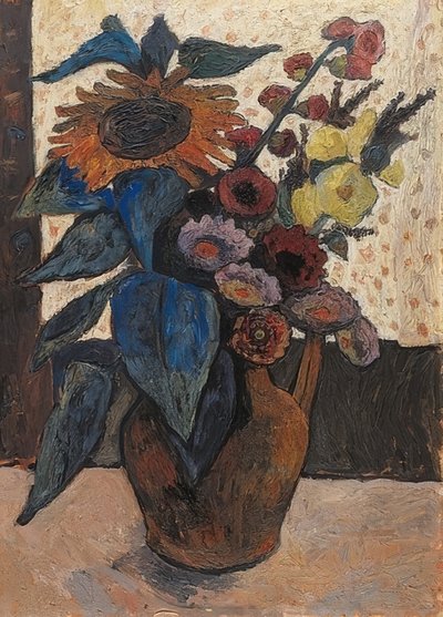 Stilleben med solsikker, stokkroser og georginer. 1907 av Paula Modersohn Becker