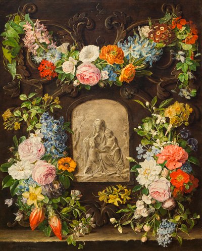 Blomsterkrans med Madonna-relieff av Pauline von Koudelka Schmerling