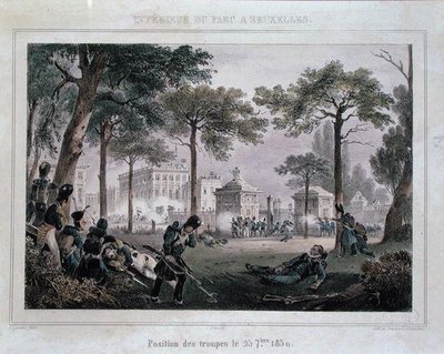 Tropper i Parc Royal, Brussel, 25. september 1830, gravert av Dewasme-Pletinckx (farge litho) av Paulus (after) Lauters