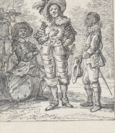 Design for en teatergruppeillustrasjon: to stående figurer og en sittende figur av Paulus Constantijn la Fargue