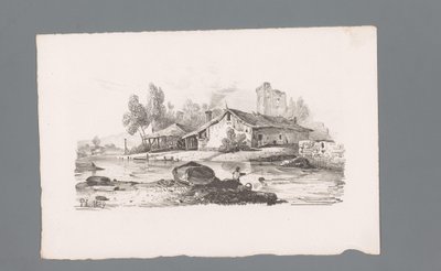 Utsikt over et hus som ligger ved en elv Prinsipper for landskap (serietittel) Principles de paysages (serietittel) av Paulus Lauters