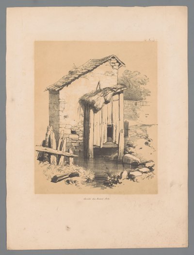 Utsikt over en låve på vannet Forêt (tittel på objekt) Pittoreske ansikter av Paulus Lauters (serietittel) Etrennes pittoresques pour 1839, par Lauters (serietittel) av Paulus Lauters