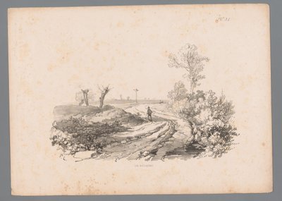 Landskap med figur med spaserstokk på landevei Landscape Studies av Paulus Lauters (serietittel) Nouvelle suite de 40 études de paysages av P. Lauters (serietittel) av Paulus Lauters