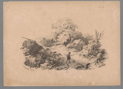 Landskap med mann og hund på landevei Landscape Studies av Paulus Lauters (serietittel) Nouvelle suite de 40 études de paysages av P. Lauters (serietittel) av Paulus Lauters