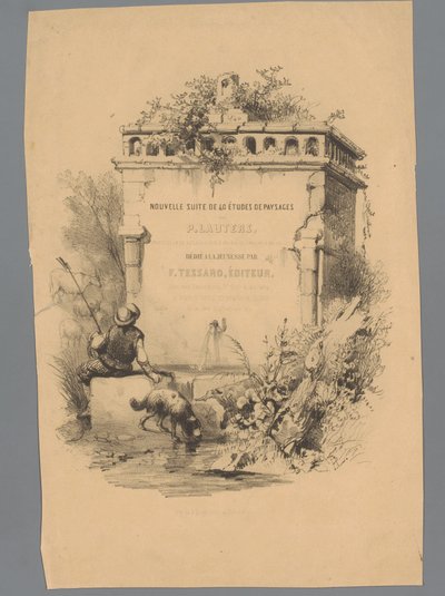 Mann med hund sitter på kanten av en fontene Landscape Studies av Paulus Lauters (serietittel) Nouvelle suite de 40 études de paysages av P. Lauters (serietittel på objekt) av Paulus Lauters