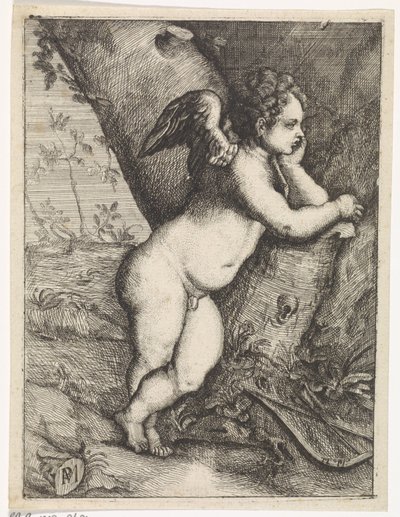 Amor funderer ved en trestamme av Paulus Moreelse