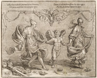 Amor danser med to allegoriske kvinner av Paulus Moreelse