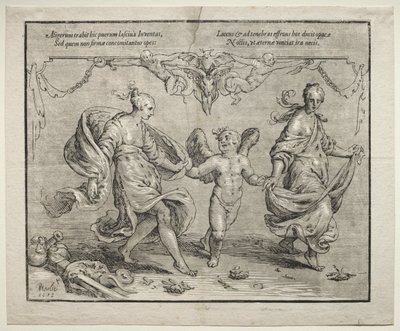 Amor danser med to allegoriske kvinner av Paulus Moreelse
