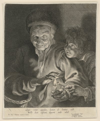 Gammel kvinne og gutt med et lys av Paulus Pontius
