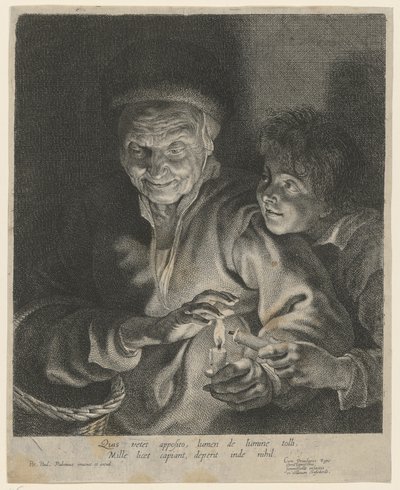 Gammel kvinne og gutt med et lys av Paulus Pontius