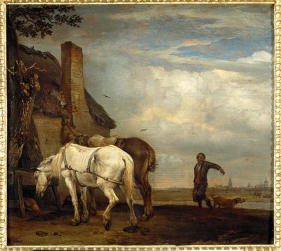 To hester foran en bondehytte. av Paulus Potter