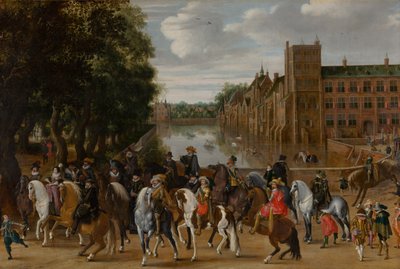 Prinsene av Orange og deres familier på hesteryggen, rir ut fra The Buitenhof, Haag, ca. 1621-22 av Pauwels I van Hillegaert