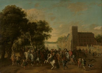 Prins Maurits, akkompagnert av prins Frederik Hendrik, Frederick V av Böhmen og hans kone Elizabeth Stuart, og andre, på Buitenhof, Haag av Pauwels van Hillegaert