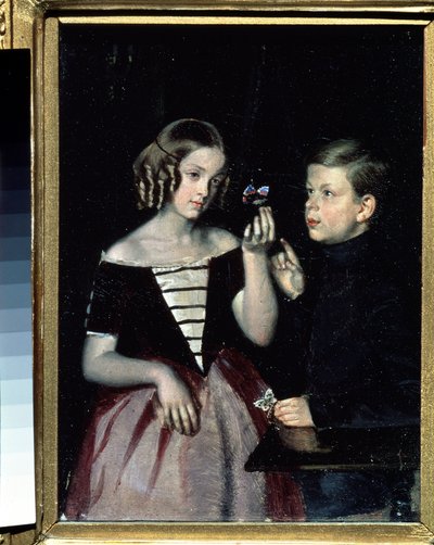 ""Portrett av de to Gerbin-barna som vurderer en sommerfugl"" Maleri av Pavel Fedotov (1815-1852) Circa 1851 State Russian Museum, Saint Petersburg av Pavel Andreevich Fedotov