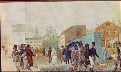 Gatebilde i regnet i Moskva. Verk av Pavel Andreyevich Fedotov (1815-1852), akvarell på papir av Pavel Andreevich Fedotov