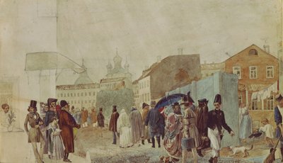 Gatescene i Moskva under regnet, 1837 av Pavel Andreevich Fedotov