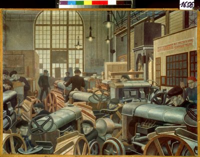Traktormonteringsbutikken ved Putilov-fabrikken (Saint Petersburg, Russland) (Traktormonteringsbutikken ved Putilov-fabrikken). Maleri av Pavel Nikolayevich Filonov (1883-1941), olje på lerret av Pawel Nikolajewitsch Filonow
