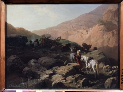Kaukasus (Kaukasus). Reisende stopper i fjellene, rundt en vedild, vogner og lag i nærheten av dem. Kyr beiter i nærheten, og hester forseglet fortsatt hodet for en gresseng. Pave maling av Pavel Osipovich Kovalevsky