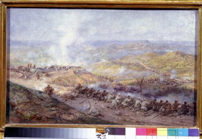 En scene fra den russiske tyrkiske krigen (1876-1878) (A Scene of the Russo Turkish War). Slagmarken på Balkan, hvor soldatene fra den russiske hæren og Det osmanske riket kolliderer, under beleiringen av Pleven (eller Plevna, i Bulgaria), i 1877. Maleri av Pavel Osipovich Kovalevsky