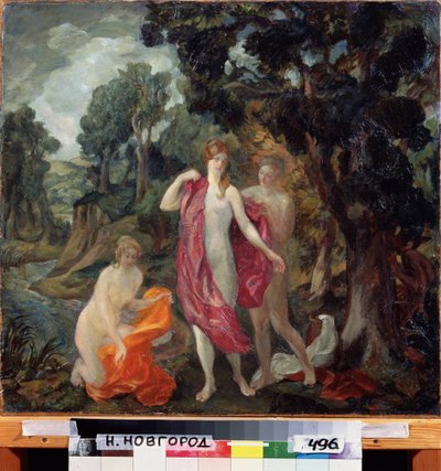 Badende. Tre nakne kvinner tørker seg nær en bekk. Maleri av Pavel Semyonovich Naumov (1884-1942), olje på lerret, ca 1910. Russisk kunst fra 1900-tallet, symbolikk. Statens kunstmuseum, Nizhny Novgorod (Russland) av Pavel Semenovich Naumov