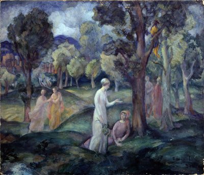 En tur gjennom jorder. (A Walk Through The Fields). Fritidsscene, unge kvinner mellom trærne i åsene. Verk av Pavel Semyonovich Naumov (1884-1942), olje på papp av Pavel Semenovich Naumov