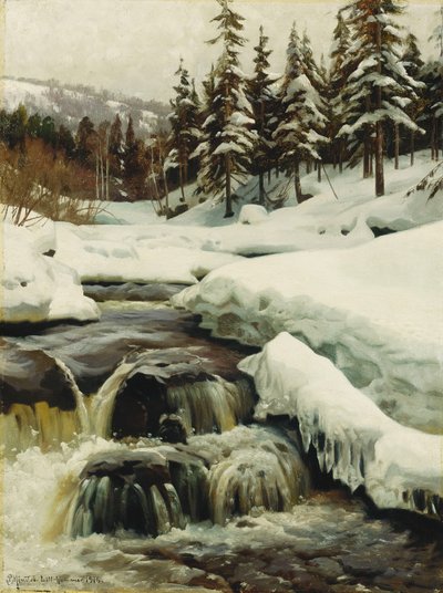 Et vinterlandskap med en fjelltorrent av Peder Monsted