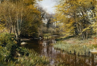 Et skogkledd elvelandskap av Peder Monsted