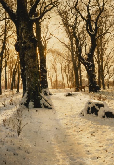 Et skogkledd vinterlandskap med hjort av Peder Monsted