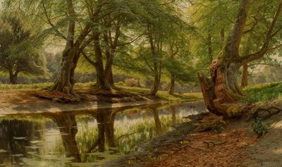 P.Mönsted, vårdag ved skogsbekken av Peder Monsted