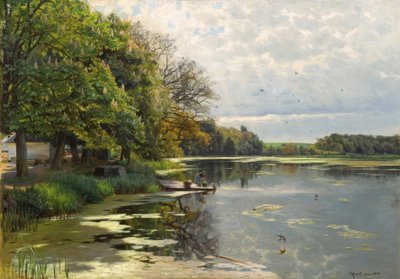 P.Mönsted, solrik vårdag ved vannet av Peder Monsted