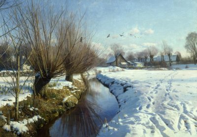 Solrik vinterdag ved bekken av Peder Monsted