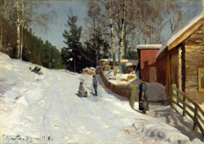 Barn som leker på snødekte landsbygate av Peder Monsted