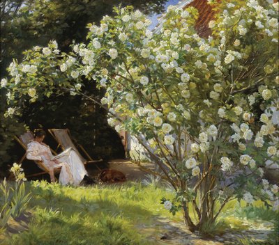 Roser. Marie Krøyer satt i fluktstolen i hagen ved huset til fru Bendsen av Peder Severin Krøyer