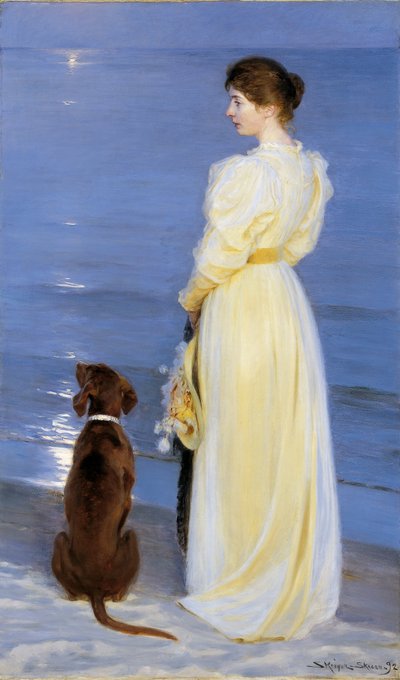 Sommerkveld på Skagen. Kunstnerens kone med hund ved stranden av Peder Severin Krøyer