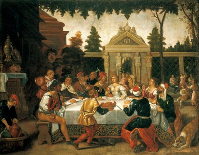 Isaac og Rebeccas bryllupsfest, av en kunstner fra Pedro Orrente-skolen (1580-ca 1645) av Pedro (school of) Orrente